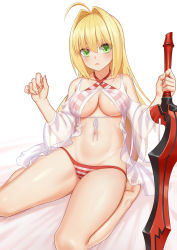 Rule 34 | 1girl, :&lt;, aestus estus, ahoge, bad id, bad pixiv id, bare legs, bare shoulders, barefoot, bed sheet, bikini, blush, breasts, cleavage, closed eyes, closed mouth, collarbone, criss-cross halter, fate/grand order, fate (series), fingernails, groin, hair between eyes, hair down, hair intakes, halterneck, highres, holding, holding sword, holding weapon, leaning back, lipstick, long fingernails, long hair, makeup, medium breasts, navel, nero claudius (fate), nero claudius (fate) (all), nero claudius (swimsuit caster) (fate), nero claudius (swimsuit caster) (third ascension) (fate), pink lips, red bikini, see-through, simple background, sitting, solo, stomach, straight hair, striped bikini, striped clothes, swimsuit, sword, very long hair, weapon, white background, yizhirenben