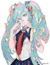 Rule 34 | 1girl, aqua eyes, aqua hair, blue eyes, blue hair, breasts, bug, butterfly, butterfly hair ornament, closed mouth, colored eyelashes, commentary request, copyright notice, hair between eyes, hair ornament, hatsune miku, holding, holding hair, insect, long hair, looking at viewer, maruco, multicolored hair, nail polish, necktie, neckwear request, pink hair, red necktie, simple background, skirt, sleeveless, smile, solo, twintails, two-tone hair, upper body, very long hair, vocaloid