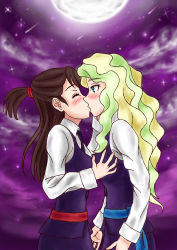 Rule 34 | 10s, 2girls, arms at sides, belt, black neckwear, blonde hair, blue eyes, blue vest, blush, grabbing another&#039;s breast, brown hair, collared shirt, couple, diana cavendish, closed eyes, female focus, friends, full moon, grabbing, green hair, hand on another&#039;s face, highres, kagari atsuko, kiss, little witch academia, long hair, long sleeves, looking at another, moon, multicolored hair, multiple girls, necktie, night, night sky, one side up, purple sky, school uniform, shirt, sky, standing, star (sky), starry sky, surprised, two-tone hair, vest, white shirt, witch, yuri