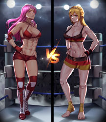 Rule 34 | 2girls, abs, absurdres, arsonichawt, black gloves, blonde hair, blue eyes, boots, boxing ring, breasts, catfight, cleavage, fingerless gloves, full body, german flag, gloves, green eyes, hands on own hips, highres, large breasts, long hair, multiple girls, muscular, muscular female, navel, original, pink hair, red gloves, serious, short shorts, shorts, smile, standing, tank top, vs