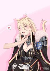 Rule 34 | 1girl, absurdres, azur lane, bismarck (azur lane), bismarck (coat of arms), black hat, blonde hair, blue eyes, blush, breasts, cleavage, cleavage cutout, cloak, clothing cutout, commentary, commission, english commentary, fang, fur-trimmed cloak, fur trim, gasart, gloves, hair between eyes, hand on another&#039;s chin, hat, heart, highres, holding, holding clothes, holding hat, jewelry, large breasts, long hair, motion lines, peaked cap, ring, skin fang, solo, spoken heart, upper body, watermark, wedding ring, white gloves