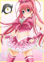 Rule 34 | 1girl, bird, blue eyes, blush, breasts, brooch, choker, cosplay, cure melody, cure melody (cosplay), diesel-turbo, earrings, etopen, frilled skirt, frills, haramura nodoka, heart, huge breasts, jewelry, koshimizu ami, long hair, looking at viewer, magical girl, midriff, musical note, navel, penguin, pink hair, pink thighhighs, precure, ribbon, saki (manga), shiny skin, skindentation, skirt, smile, staff (music), suite precure, thighhighs, twintails, voice actor connection