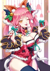 Rule 34 | 10s, 1girl, ;d, animal ear fluff, animal ears, bad id, bad pixiv id, bell, black bow, black thighhighs, blush, bow, box, breasts, brown eyes, candy, candy cane, christmas, cleavage, detached collar, detached sleeves, fate/extra, fate (series), food, fox ears, fox girl, fox tail, fur-trimmed sleeves, fur trim, gift, gift box, hair bell, hair bow, hair ornament, hair ribbon, head tilt, heart, heart-shaped pupils, highres, holding, holding food, holding gift, holly hair ornament, japanese clothes, jingle bell, kimono, long hair, long sleeves, looking at viewer, medium breasts, mo xiaoxue, obi, one eye closed, open mouth, pelvic curtain, pink hair, pom pom (clothes), red kimono, red ribbon, ribbon, santa costume, sash, short kimono, smile, solo, strapless, symbol-shaped pupils, tail, tamamo (fate), tamamo no mae (fate/extra), thighhighs, twintails, wide sleeves