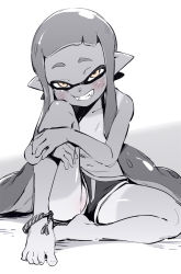 Rule 34 | 1girl, anklet, bare legs, barefoot, blunt bangs, blush, brown eyes, fangs, grin, hugging own legs, inkling, inkling girl, inkling player character, jewelry, knee up, long hair, looking at viewer, naughty face, navel, nintendo, partially visible vulva, pointy ears, short eyebrows, short shorts, shorts, sitting, smile, solo, splatoon (series), spot color, tan, tanline, tentacle hair, ter (otokoter), thick eyebrows, topless, upshorts, very long hair