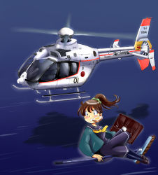 Rule 34 | 1girl, aircraft, bag, bread slice, broom, broom riding, cardigan, eurocopter ec135, flying, food, food in mouth, helicopter, inui (jt1116), japan maritime self-defense force, japan self-defense force, military, mouth hold, original, pantyhose, ponytail, school uniform, scrunchie, serafuku, sidesaddle, toast, toast in mouth