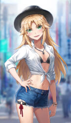 Rule 34 | 1girl, bikini, bikini top only, black bikini, black hat, blonde hair, blue shorts, blush, breasts, collarbone, collared shirt, commentary request, cutoffs, denim, denim shorts, dress shirt, fate/apocrypha, fate (series), green eyes, hair down, hat, highres, jewelry, long hair, long sleeves, looking at viewer, mordred (fate), mordred (fate/apocrypha), navel, necklace, open mouth, parted bangs, revision, shirt, short shorts, shorts, sidelocks, small breasts, smile, solo, swimsuit, tied shirt, tonee, white shirt