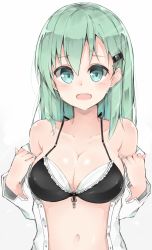 Rule 34 | 10s, 1girl, aqua eyes, aqua hair, black bra, bra, breasts, cleavage, cole (coleltu), hair ornament, hairclip, kantai collection, open clothes, open mouth, open shirt, shirt, simple background, smile, solo, suzuya (kancolle), underwear