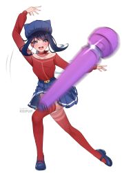 1girl anime_girl_throwing_things_(meme) artist_name blue_eyes blue_hair blue_hat blue_skirt blush commentary cool_mita_(miside) hat highres hitachi_magic_wand keipup long_hair long_sleeves looking_at_viewer meme miniskirt miside mita_(miside) open_mouth panties panty_peek pleated_skirt red_shirt red_thighhighs sex_toy shirt simple_background skirt smile solo tattoo teardrop_facial_mark teardrop_tattoo teeth thighhighs throwing underwear upper_teeth_only vibrator white_background white_panties