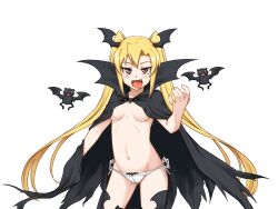 Rule 34 | 1girl, :d, aged up, areola slip, bat (animal), bat wings, black cloak, black thighhighs, blush, bmp-to-png conversion, breasts, cloak, cowboy shot, fangs, game cg, hair between eyes, half-closed eyes, hand up, head wings, jingai modoki, large breasts, long hair, looking at viewer, mon-musu quest!, naughty face, navel, nearly naked cloak, non-web source, open mouth, panties, red eyes, side-tie panties, simple background, slit pupils, smile, solo, spoilers, thighhighs, tongue, tongue out, transparent background, twintails, underwear, v-shaped eyebrows, v-shaped eyes, vampire, vanilla (mon-musu quest!), very long hair, white panties, wings