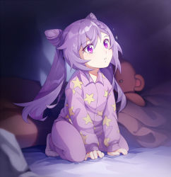 Rule 34 | 1girl, aged down, bed sheet, braid, child, double bun, full body, genshin impact, hair bun, half-closed eyes, keqing (genshin impact), kneeling, long sleeves, looking to the side, marktailor, md5 mismatch, on bed, pajamas, parted lips, purple eyes, purple hair, socks, solo, star (symbol), star print, stuffed animal, stuffed toy, teddy bear, twintails