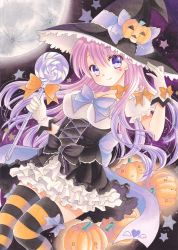 Rule 34 | 1girl, acrylic paint (medium), bad id, bad pixiv id, blue eyes, blush, bow, bow legwear, breasts, candy, dress, food, frilled dress, frills, full moon, gloves, halloween, hand on headwear, hat, hat bow, hat ribbon, highres, jack-o&#039;-lantern, large breasts, lollipop, long hair, moon, multicolored hair, neck ribbon, night, original, painting (medium), pink hair, pom77, ribbon, smile, solo, star (symbol), striped clothes, striped thighhighs, swirl lollipop, thighhighs, traditional media, two-tone hair, witch hat