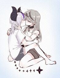 Rule 34 | 2girls, absurdres, barefoot, black shorts, blue background, closed eyes, commentary, dolphin shorts, ear piercing, gradient background, grey hair, grey shorts, hand on another&#039;s neck, hand on another&#039;s waist, highres, hololive, horns, kiss, la+ darknesss, long hair, multicolored hair, multiple girls, piercing, pointy ears, purple hair, sakamata chloe, shirt, short sleeves, shorts, strap slip, streaked hair, symbol-only commentary, tank top, toes, tora (nanamiiill), white background, white shirt, white tank top, yuri