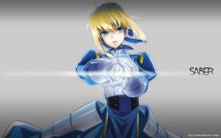Rule 34 | 1girl, ahoge, armor, armored dress, artoria pendragon (fate), blonde hair, character name, dress, fate/stay night, fate (series), faulds, gauntlets, green eyes, hair ribbon, highres, invisible air (fate), perspective, puffy sleeves, ribbon, saber (fate), solo, sword, unizo, weapon