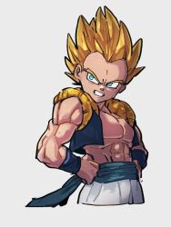 Rule 34 | 1boy, abs, blonde hair, blue eyes, dragon ball, dragonball z, forehead, gotenks, grey background, hands on own hips, kemachiku, looking away, looking to the side, muscular, muscular male, short hair, simple background, super saiyan