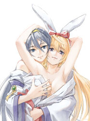 Rule 34 | 2girls, absurdres, animal ears, armpits, arms up, bare shoulders, blonde hair, blue eyes, blush, bow, grabbing another&#039;s breast, closed mouth, couple, grabbing, hair between eyes, hair bow, hairband, hand on another&#039;s head, highres, himemiya chikane, hug, hug from behind, kannazuki no miko, kurusugawa himeko, long hair, looking at viewer, multiple girls, nichiju (you), purple eyes, rabbit ears, red bow, smile, undressing, upper body, white background, wide sleeves, yuri
