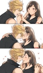 Rule 34 | 1boy, 1girl, arm ribbon, bare shoulders, black hair, blonde hair, blue eyes, brown hair, cloud strife, couple, earrings, final fantasy, final fantasy vii, final fantasy vii advent children, hands up, heart, hetero, high collar, highres, holding hands, imminent kiss, jewelry, kiss, kissing cheek, kissing hand, kuroma424, long hair, looking at another, red eyes, ribbon, sleeveless, smile, spiked hair, square enix, tifa lockhart, upper body, white background