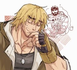 Rule 34 | 2boys, ^ ^, bara, beard, black hair, blonde hair, blush, closed eyes, dog tags, doodle inset, facial hair, forked eyebrows, headband, imagining, ken masters, large pectorals, male focus, mature male, multiple boys, muscular, muscular male, pectoral cleavage, pectorals, ryu (street fighter), short hair, smile, street fighter, street fighter 6, stubble, sweatdrop, thick eyebrows, thought bubble, translation request, upper body, wavy mouth, yaoi, yuiofire