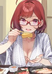 Rule 34 | 1girl, 92m, absurdres, ahoge, blush, bowl, breasts, brown hair, chopsticks, cleavage, commentary request, food, glasses, gradient hair, highres, holding, kinshi no ane (92m), large breasts, looking at viewer, multicolored hair, open mouth, original, red-framed eyewear, red eyes, short hair, smile, solo, steam, teeth, upper teeth only, wide sleeves