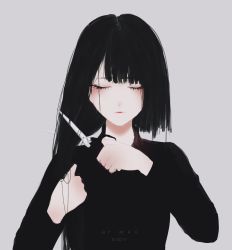 Rule 34 | 1girl, absurdres, aoi ogata (style), arms up, artist name, bad id, bad pixiv id, black hair, black shirt, blush, borrowed character, closed eyes, closed mouth, cutting hair, dated, eyelashes, facing viewer, highres, holding, holding scissors, kiraiko, kyrie meii, long hair, long sleeves, original, pale skin, scissors, shirt, solo, upper body, watermark