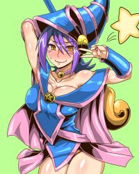 Rule 34 | 1girl, armpits, bare legs, bare shoulders, blush, blush stickers, breasts, cleavage, collarbone, cosplay, dark magician girl, dark magician girl (cosplay), droite (yu-gi-oh!), duel monster, green background, hat, kitsune-tsuki (getter), large breasts, panties, pantyshot, simple background, solo, star (symbol), underwear, v, wand, witch hat, yu-gi-oh!, yu-gi-oh! duel monsters, yu-gi-oh! zexal, yuu-gi-ou, yuu-gi-ou zexal