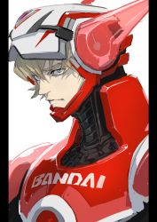 Rule 34 | 1boy, bandai, barnaby brooks jr., blonde hair, blue eyes, closed mouth, frown, grey background, highres, male focus, manly, ogata tomio, simple background, solo, tiger &amp; bunny, transparent, upper body, visor cap