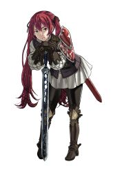 Rule 34 | 1girl, :&lt;, armor, armored boots, black gloves, black pantyhose, black ribbon, boots, closed mouth, commentary request, fire emblem, fire emblem fates, full body, gloves, hair between eyes, hair ribbon, highres, holding, holding sword, holding weapon, long hair, long sleeves, looking at viewer, nintendo, pantyhose, pauldrons, peacefulandflat, red eyes, red hair, ribbon, selena (fire emblem fates), shoulder armor, simple background, single pauldron, solo, sword, twintails, very long hair, weapon, white background