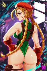 Rule 34 | 1girl, 2023, ahoge, antenna hair, artist name, ass, blonde hair, blue eyes, braid, cameltoe, cammy white, dated, facial scar, fingerless gloves, from behind, gloves, green leotard, hat, highleg, highleg leotard, highres, huge ahoge, huge ass, leotard, long hair, looking at viewer, looking back, peterete, revealing clothes, scar, scar on cheek, scar on face, shiny skin, solo, street fighter, thong leotard, twin braids, very long hair, wide hips
