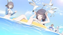 Rule 34 | 4girls, ahoge, animal, bare arms, bare legs, bare shoulders, bikini, bird, black hair, black one-piece swimsuit, blue archive, blue halo, blue jacket, blush, braid, breasts, brown hair, cellphone, closed eyes, cropped jacket, day, diving mask, flat chest, frilled one-piece swimsuit, frills, goggles, green eyes, green halo, grey hair, grey halo, halo, highres, holding, holding phone, hood, hood down, hooded jacket, innertube, jacket, large breasts, leaf print, long hair, long sleeves, miyako (blue archive), miyako (swimsuit) (blue archive), miyu (blue archive), miyu (swimsuit) (blue archive), moe (blue archive), moe (swimsuit) (blue archive), multiple girls, nanju bami, navel, ocean, off-shoulder one-piece swimsuit, off shoulder, official alternate costume, one-piece swimsuit, open mouth, outdoors, phone, ponytail, print bikini, raglan sleeves, rash guard, saki (blue archive), saki (swimsuit) (blue archive), seagull, short hair, smartphone, swim ring, swimsuit, twin braids, twintails, water, white bikini, yellow halo