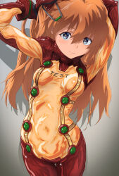 Rule 34 | 1girl, :&gt;, arms up, artist request, blue eyes, bodysuit, breasts, brown hair, covered navel, cowboy shot, evangelion: 2.0 you can (not) advance, hair between eyes, hand in own hair, impossible bodysuit, impossible clothes, interface headset, long hair, medium breasts, neon genesis evangelion, plugsuit, rebuild of evangelion, red bodysuit, shiny clothes, simple background, skin tight, smile, solo, souryuu asuka langley, standing, test plugsuit, two side up, very long hair