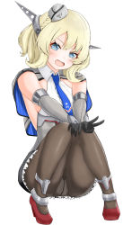 Rule 34 | 1girl, absurdres, black gloves, black pantyhose, blonde hair, blue eyes, blue necktie, braid, breasts, capelet, colorado (kancolle), commentary request, dress, elbow gloves, full body, garrison cap, gloves, grey dress, grey hat, hat, head tilt, headgear, highres, himenagi yuuki, kantai collection, large breasts, looking at viewer, necktie, open mouth, panties, panties under pantyhose, pantyhose, pantyshot, pleated dress, shirt, short hair, side braids, sideboob, simple background, sitting, sleeveless, solo, underwear, v, white background, white shirt