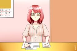 Rule 34 | 1girl, artist name, artist request, blush, braid, breasts, buttons, calendar, calendar (object), female focus, glasses, green eyes, holding, holding pen, indoors, looking at viewer, love live!, love live! nijigasaki high school idol club, orange hair, paper, parted lips, pen, pink shirt, red hair, shirt, short hair, short sleeves, small breasts, smile, solo, table, uehara ayumu, upper body, writing, yellow eyes