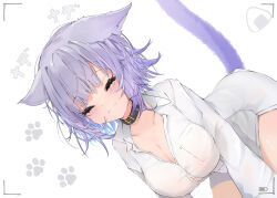 Rule 34 | 1girl, :3, absurdres, ahoge, animal ear fluff, animal ears, animal hands, black collar, blush, breasts, cat ears, cat girl, cat paw, cat tail, cleavage, closed eyes, collar, collared shirt, commentary request, dress shirt, food, highres, hololive, large breasts, long sleeves, looking at viewer, medium hair, naked shirt, nekomata okayu, nekomata okayu (oversized shirt), onigiri, purple hair, reine (reineko6), shirt, simple background, smile, solo, tail, unbuttoned, unbuttoned shirt, virtual youtuber, white background, white shirt
