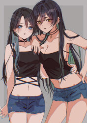 Rule 34 | 2girls, :o, alternate costume, alternate hairstyle, aqua hair, arm on another&#039;s shoulder, black camisole, black hair, blush, breasts, camisole, cleavage, collarbone, colored inner hair, crop top, denim, denim shorts, earrings, fingernails, hair between eyes, hand on another&#039;s waist, highres, idolmaster, idolmaster shiny colors, jewelry, large breasts, long hair, looking at viewer, mitsumine yuika, multicolored hair, multiple girls, nail polish, navel, paddy field, shirase sakuya, short shorts, shorts, sideboob, small breasts, stomach, straight hair, stud earrings, two-tone hair, very long hair