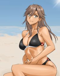 Rule 34 | 1girl, alternate breast size, arashio (kancolle), beach, bikini, black bikini, breasts, brown eyes, brown hair, commentary request, feet out of frame, highres, kantai collection, long hair, looking at viewer, medium breasts, o-ring, o-ring bikini, o-ring bottom, o-ring top, sitting, smile, solo, sozan, swimsuit, tan