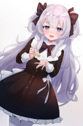 Rule 34 | :d, black bow, black dress, blush, bow, breasts, commentary request, copyright request, dress, dutch angle, feeding, food, frilled dress, frills, gradient background, grey background, grey eyes, hair between eyes, hair bow, highres, holding, holding spoon, incoming food, liyu (user sfpu5743), long sleeves, looking at viewer, mapo tofu, open mouth, pantyhose, silver hair, small breasts, smile, solo, spoon, teeth, two side up, upper teeth only, virtual youtuber, white background, white bow, white pantyhose