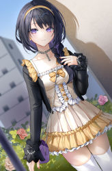 Rule 34 | 1girl, bag, black hair, black jacket, braid, breasts, brown dress, brown hairband, closed mouth, collarbone, commentary, commission, day, dress, english commentary, flower, frilled dress, frills, hair over shoulder, hairband, hand up, highres, jacket, lloule, long sleeves, looking at viewer, multicolored hair, nail polish, nijisanji, original, outdoors, pink flower, pink nails, pink rose, pixiv commission, purple eyes, purple hair, rose, shoulder bag, single braid, sleeves past wrists, small breasts, solo, two-tone hair, virtual youtuber, virtuareal