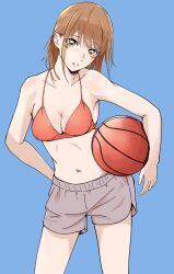 Rule 34 | 1girl, ao no hako (wsj), ball, basketball (object), bikini, blue background, breasts, brown eyes, brown hair, hand on own hip, highres, hioekaki191325, holding, holding ball, kano chinatsu, looking at viewer, navel, red bikini, school uniform, shorts, simple background, small breasts, standing, swimsuit