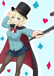 Rule 34 | 1girl, absurdres, alternate costume, black cape, blonde hair, blouse, blue background, blue cardigan, blue eyes, blue skirt, border, braid, breasts, cane, cape, cardigan, club (shape), colorado (kancolle), commentary request, cosplay, feet out of frame, gem (symbol), hat, heart, highres, himenagi yuuki, holding, holding cane, kantai collection, large breasts, magician, multicolored cape, multicolored clothes, necktie, pantyhose, pleated skirt, red neckwear, shirt, short hair, side braids, skirt, spade (shape), tejina senpai (series), top hat, twin braids, white border, white shirt