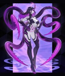 Rule 34 | 1girl, absurdres, black hair, black sclera, body markings, colored sclera, colored skin, commission, commissioner upload, fangs, grey skin, hand on own hip, high heels, highres, horns, monster girl, multicolored hair, non-web source, original, purple eyes, purple hair, ruteko (ruko220), shoko the alien, single horn, skeb commission, solo, tentacles, tongue, tongue out