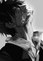 Rule 34 | 1boy, blood, blood on face, broken glass, clenched teeth, collared shirt, glass, greyscale, highres, jacket, looking at viewer, male focus, mix (wkupmix), monochrome, nicholas d. wolfwood, nosebleed, profile, shirt, short hair, simple background, solo, teeth, trigun, upper body, vial