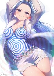 Rule 34 | 1girl, arms up, belt, blue hair, breasts, cleavage, coat, copyright request, feet out of frame, fur-trimmed coat, fur trim, grey coat, grey eyes, highres, long hair, long sleeves, looking at viewer, medium breasts, parted lips, ryota (ry o ta), shorts, signature, simple background, smile, solo, white background, white shorts