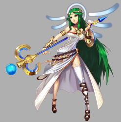 Rule 34 | 1girl, bridal gauntlets, female focus, green hair, jewelry, kid icarus, long hair, lots of jewelry, lvlv, nintendo, palutena, sandals, shield, single thighhigh, solo, staff, thighhighs, very long hair