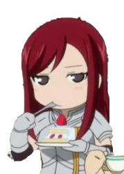 Rule 34 | 1girl, blush, brown eyes, cake, chibi, cup, eating, erza scarlet, fairy tail, female focus, food, fruit, long hair, lowres, red hair, screencap, solo, strawberry