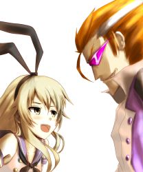 Rule 34 | 1boy, 1girl, bare shoulders, black ribbon, blonde hair, blush, collarbone, crossover, eye contact, grin, hair between eyes, hair ribbon, hairband, height difference, highres, kantai collection, looking at another, multicolored hair, namako (namacotan), open mouth, orange hair, profile, ribbon, round teeth, sailor collar, scryed, shimakaze (kancolle), shirt, sleeveless, sleeveless shirt, smile, smug, straight cougar, sunglasses, teeth, tongue, trait connection, two-tone hair, uniform, upper body, white hair, white shirt, widow&#039;s peak, wrap-around shades, yellow eyes