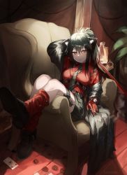 Rule 34 | 1girl, absurdres, animal ears, arknights, arm up, belt, black coat, black footwear, black hair, black skirt, breasts, brown eyes, chair, cigarette, coat, collared shirt, cross-laced footwear, highres, holding, kanniiepan, long hair, looking at viewer, loose socks, medium breasts, miniskirt, multiple belts, necktie, off shoulder, official alternate costume, open clothes, open coat, parted lips, pencil skirt, ponytail, reclining, red shirt, red socks, shirt, shoe soles, shoes, sitting, sitting sideways, skirt, smoke, socks, solo, texas (arknights), texas (willpower) (arknights), thigh strap, watch, wolf ears, wristwatch