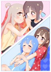 Rule 34 | 4girls, ^ ^, absurdres, ahoge, animal print, bare arms, bare shoulders, black hairband, black shirt, blue hair, blue shirt, blunt bangs, blunt ends, blush, brown eyes, brown hair, closed eyes, commentary, fujimi nemu, fushimi nodoka, grey hair, hairband, happyundergate, heart, heart background, highres, holding hands, hozuki momiji, interlocked fingers, long hair, looking at another, multicolored hair, multiple girls, onii-chan wa oshimai!, oyama mahiro, pink hair, polka dot, polka dot background, print shirt, rabbit print, red eyes, red shirt, shirt, short hair, short ponytail, short sleeves, smile, tank top, two-tone hair, yellow tank top, yuri