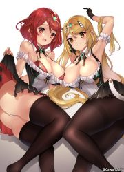 Rule 34 | 2girls, alternate costume, bare shoulders, blonde hair, breasts, cawang, chest jewel, cleavage, highres, large breasts, multiple girls, mythra (xenoblade), pyra (xenoblade), red eyes, red hair, short hair, simple background, swept bangs, white background, xenoblade chronicles (series), xenoblade chronicles 2, yellow eyes