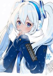 1girl aqua_nails blue_eyes blue_jacket blush cropped_torso earmuffs hatsune_miku highres jacket long_hair long_sleeves looking_at_viewer mofmama own_hands_together scarf simple_background sleeves_past_wrists snow snowflake_print snowing solo steepled_fingers very_long_hair vocaloid white_hair white_scarf winter_clothes yuki_miku yuki_miku_(2011)