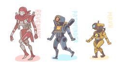 Rule 34 | 2boys, apex legends, blue eyes, character name, chibi, classic revenant, clenched hands, highres, humanoid robot, kogane mushi, looking ahead, male focus, mrvn, multiple boys, no humans, one-eyed, pathfinder (apex legends), red eyes, revenant (apex legends), robot, science fiction, simulacrum (titanfall), walking, yellow eyes