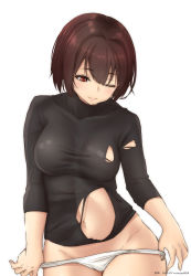 Rule 34 | black shirt, blush, breasts, brown eyes, brown hair, hair between eyes, highres, hyuuga (kancolle), kantai collection, large breasts, one eye closed, panties, shirt, short hair, simple background, smile, solo, thighs, timato, torn clothes, torn shirt, underwear, undressing, white background, white panties